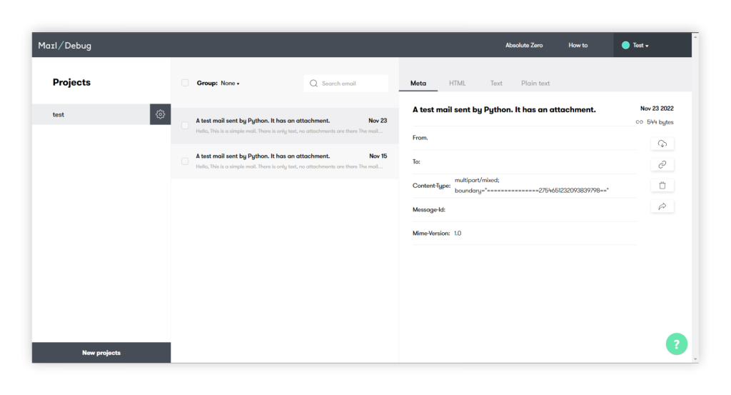 Fake SMTP server DebugMail. Intuitive workspace. Simple integration and management of outbound email testing.