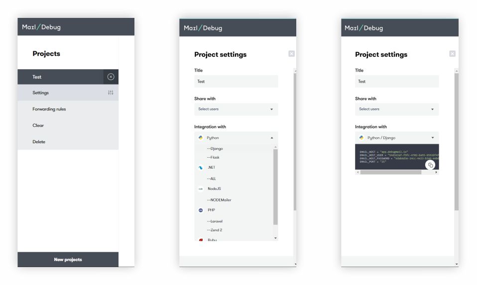 Stages of obtaining a snippet for integrating DebugMail service into a project for testing outbound emails.