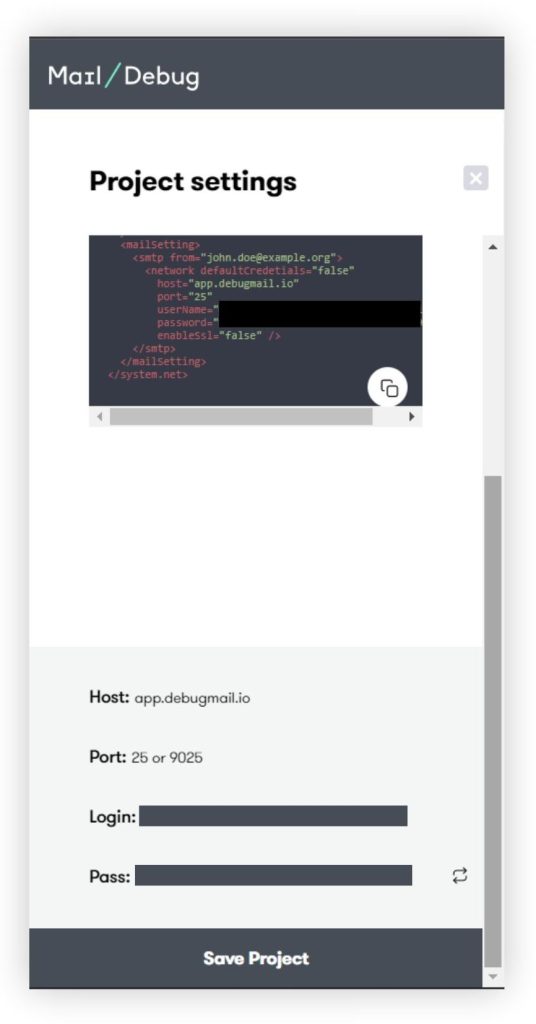 Stage of credential setup for integrating fake SMTP into your project for outbound email testing.