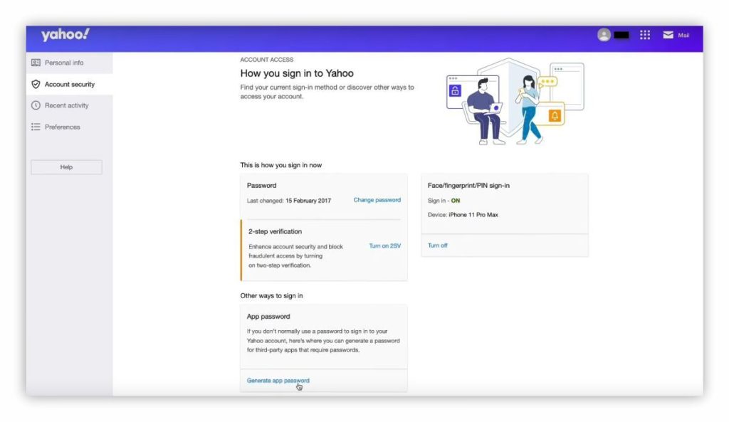 Location of the button to start generating a unique key to integrate Yahoo Mail as SMTP.