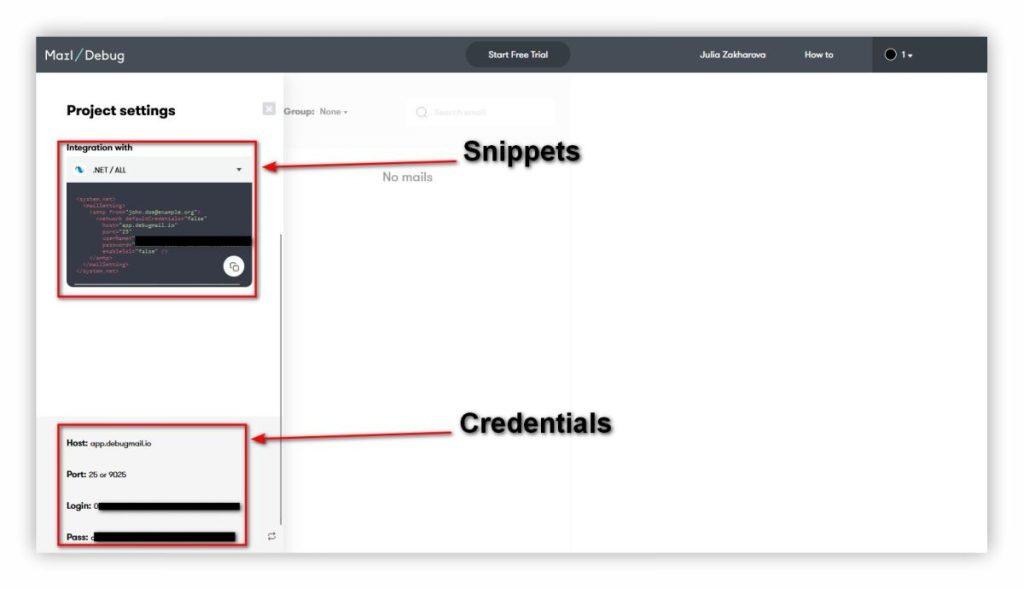 Project settings sidebar for integrating the DebugMail service into your web project.