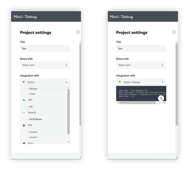 Project settings sidebar. Selecting a technology and copying a spippet to integrate the DebugMail service into your web project.