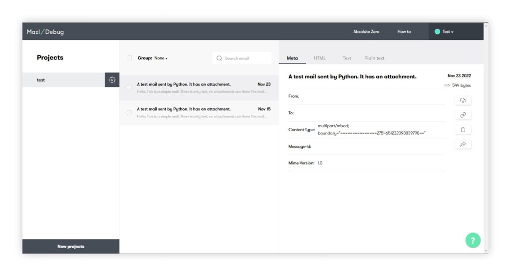 A view of the full workspace in the fake SMTP service DebugMail for testing mail traffic.