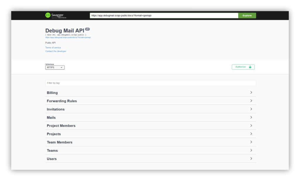 Screenshot of DebugMail API Swagger page. How to usr REST API DebugMail.