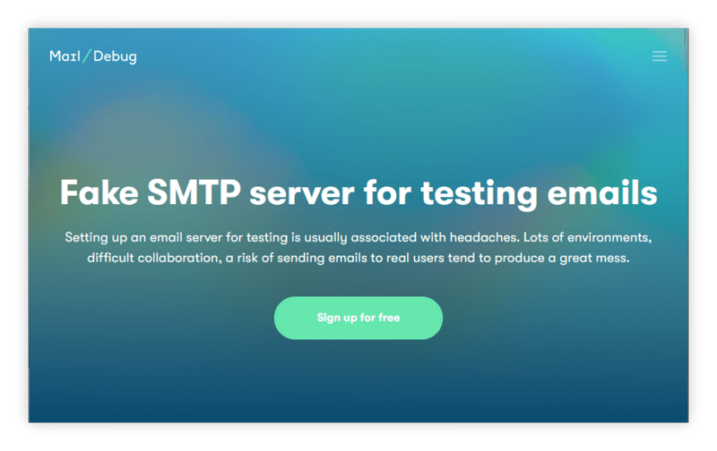 Screenshot of the landing page of DebugMail, an fake SMTP service for testing project emails in the staging environment.