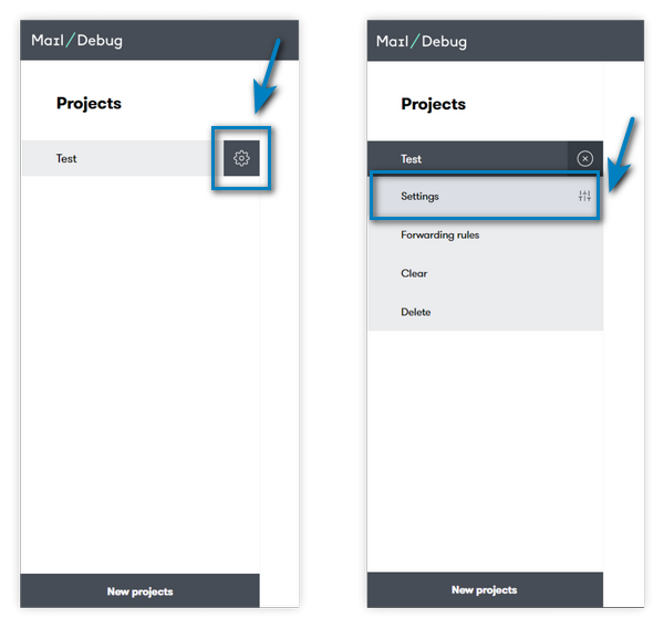 Screenshots of the project settings path in DebugMail for testing project emails in the staging environment.