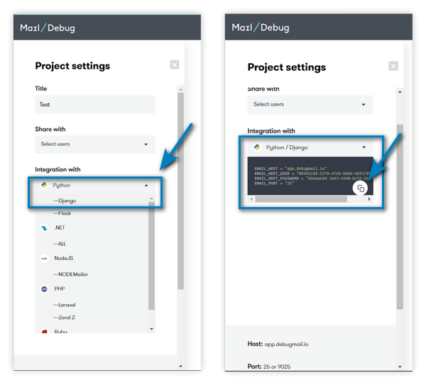 Screenshots of the technology selection in the project settings within DebugMail for testing project emails in the staging environment.