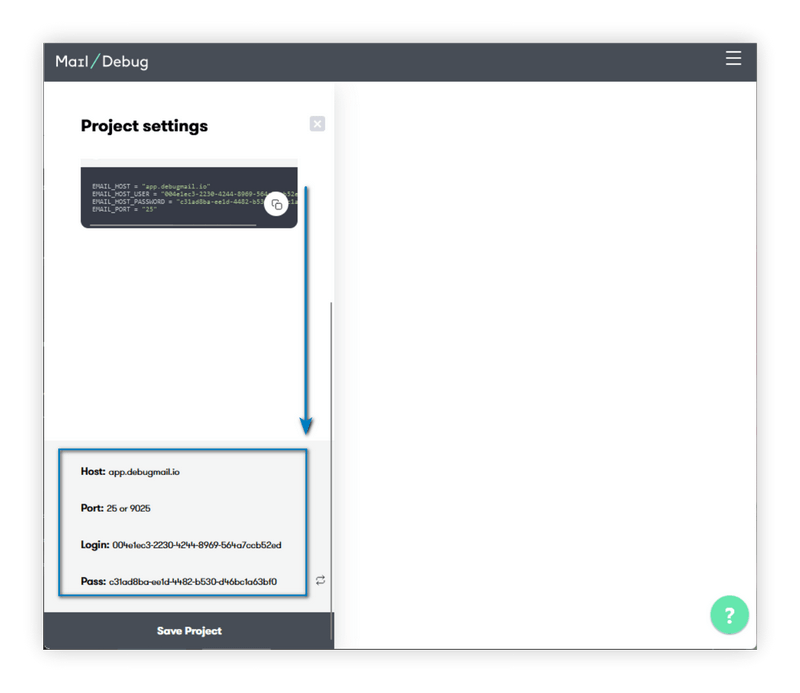 Screenshot of the location of project credentials in the settings of DebugMail for testing project emails in a staging environment.