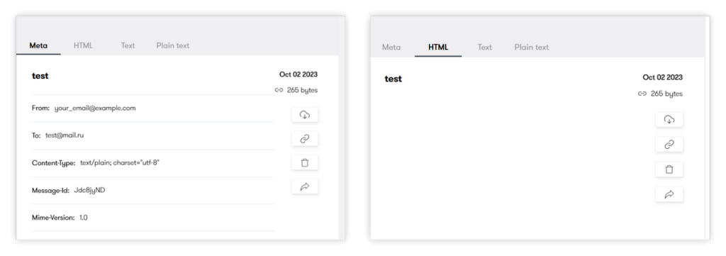 Screenshots of different ways to view email content in the DebugMail service.