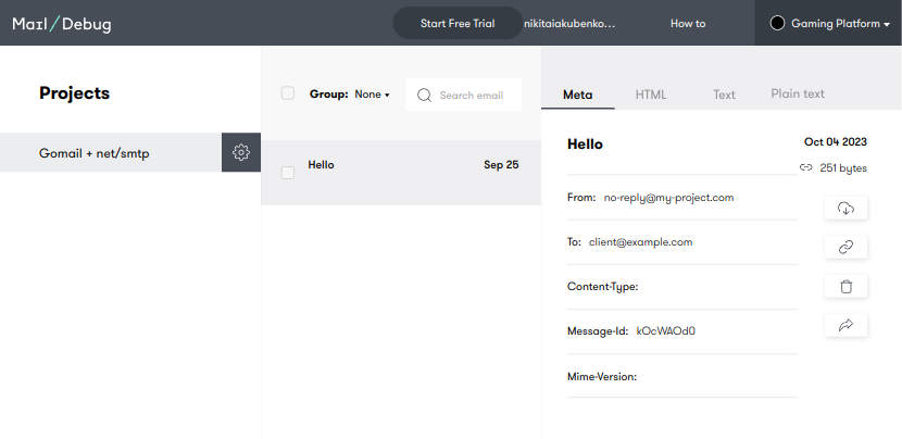 Screenshot of the DebugMail workspace.