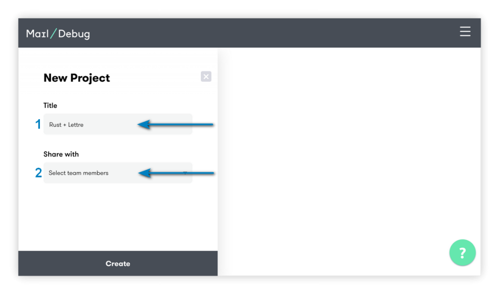 Screenshot of the DebugMail service interface - project creation window.