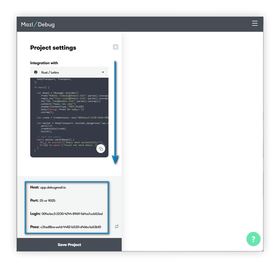 Screenshot of the DebugMail service interface - project settings.